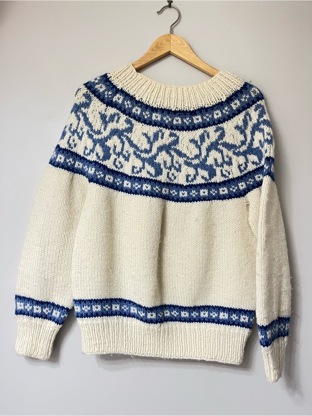 Cream and Blue Nordic Yoke Unisex Hand Knitted Sweater